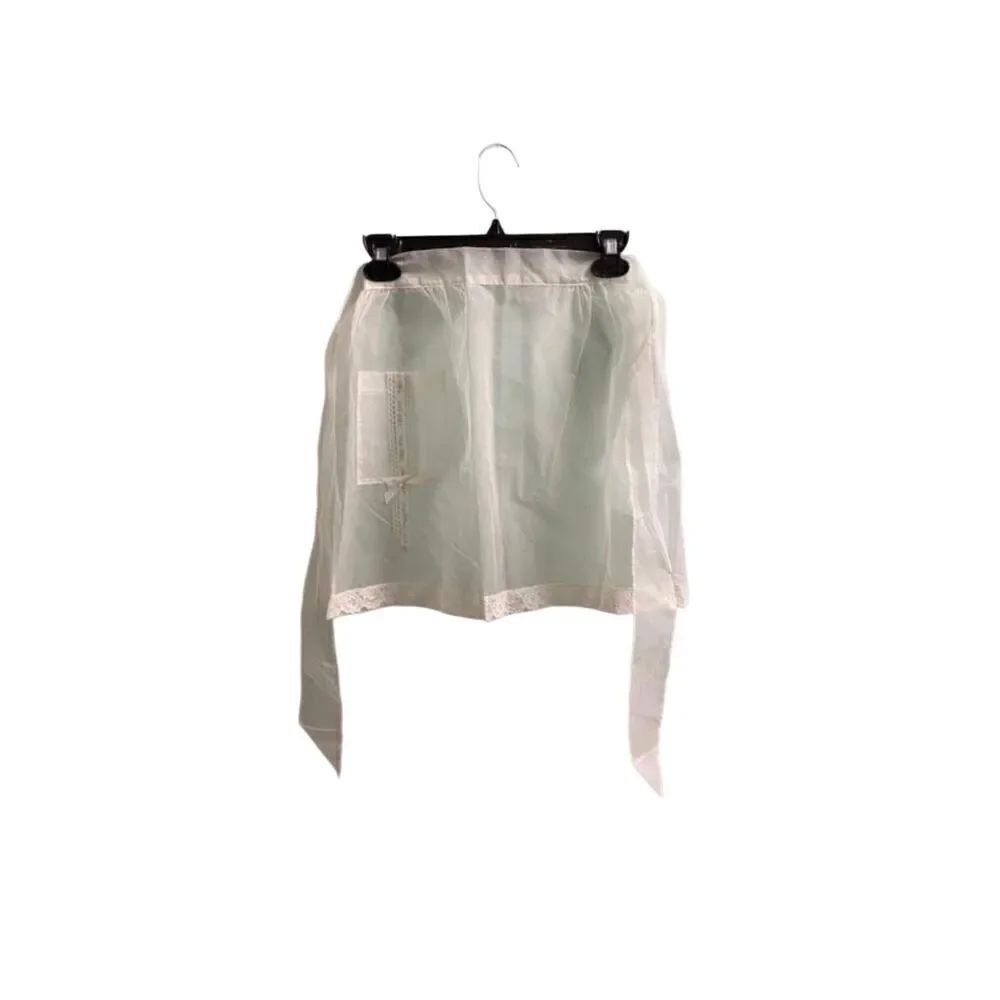 Vintage white apron with lace in floral details, sheer S/M